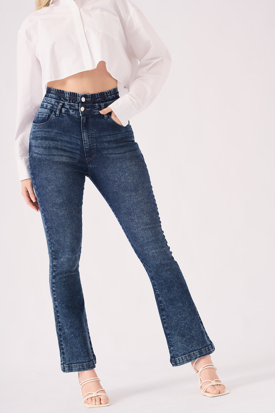 SCULPT DOUBLE WAISTBAND FLARE JEANS - MID BLUE -  Women's Flare Jeans