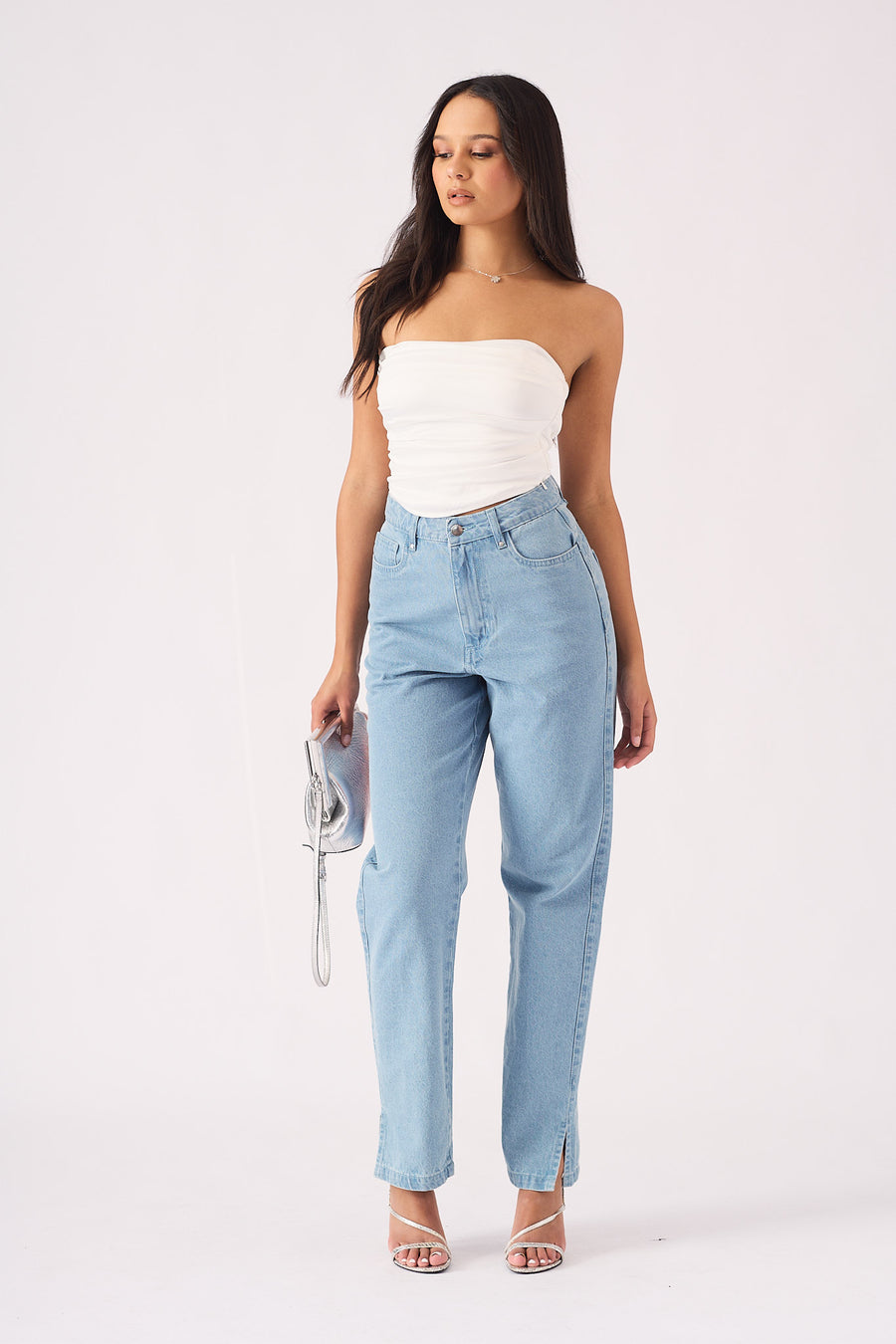 SCULPT SPLIT HEM JEANS - LIGHT BLUE WASH -  Women's Straight Leg Jeans