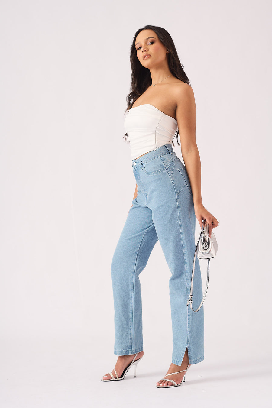 SCULPT SPLIT HEM JEANS - LIGHT BLUE WASH -  Women's Straight Leg Jeans