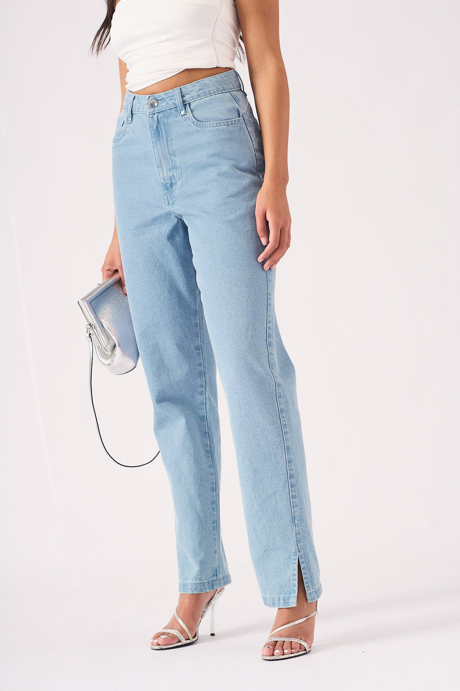 SCULPT SPLIT HEM JEANS - LIGHT BLUE WASH -  Women's Straight Leg Jeans