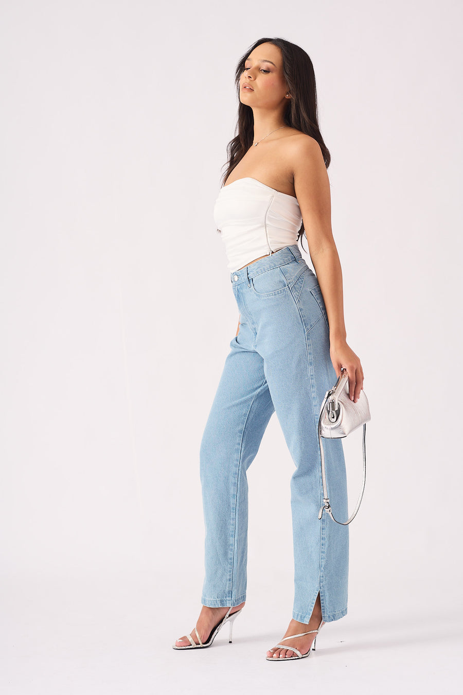 SCULPT SPLIT HEM JEANS - LIGHT BLUE WASH -  Women's Straight Leg Jeans