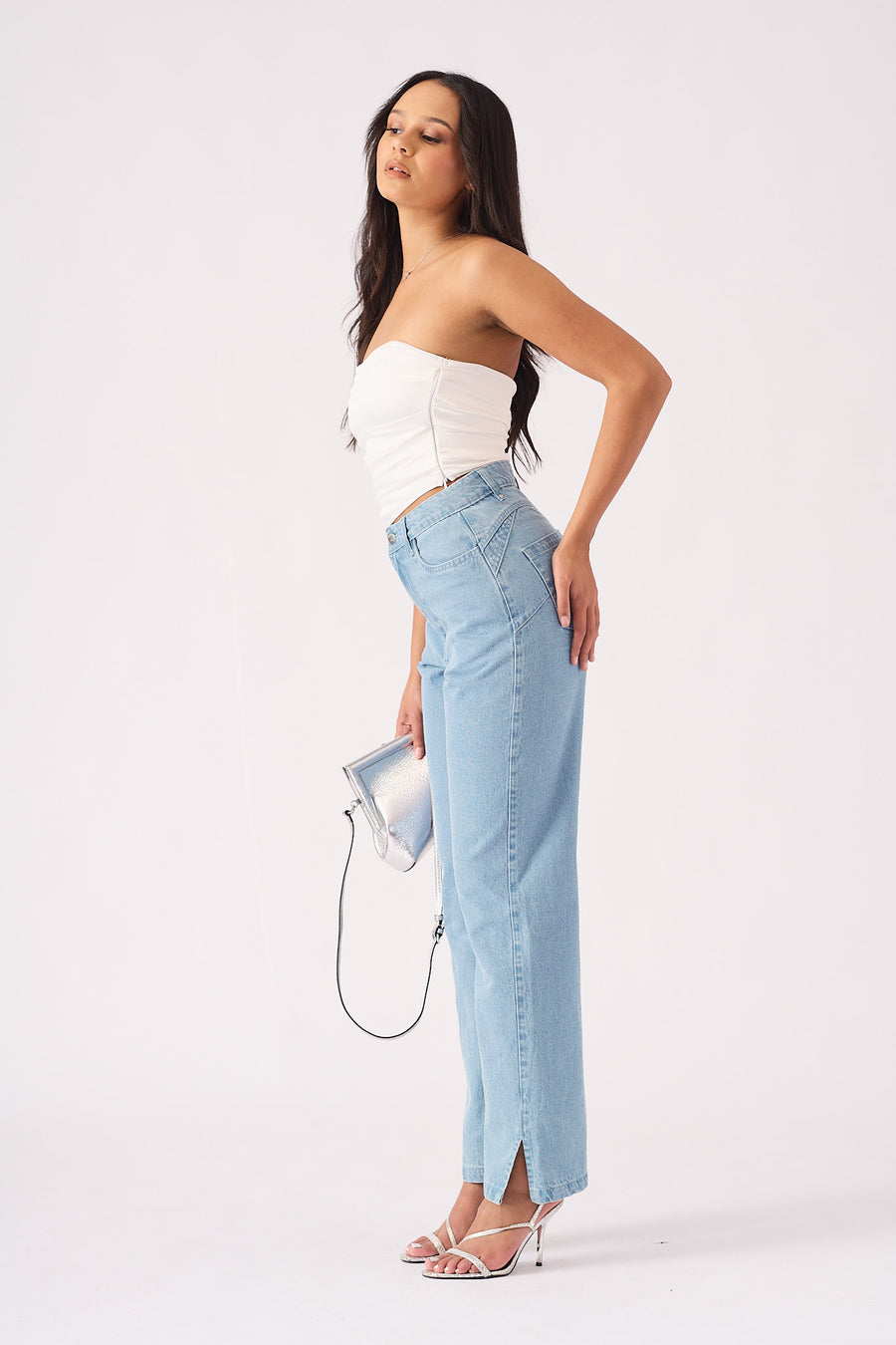 SCULPT SPLIT HEM JEANS - LIGHT BLUE WASH -  Women's Straight Leg Jeans