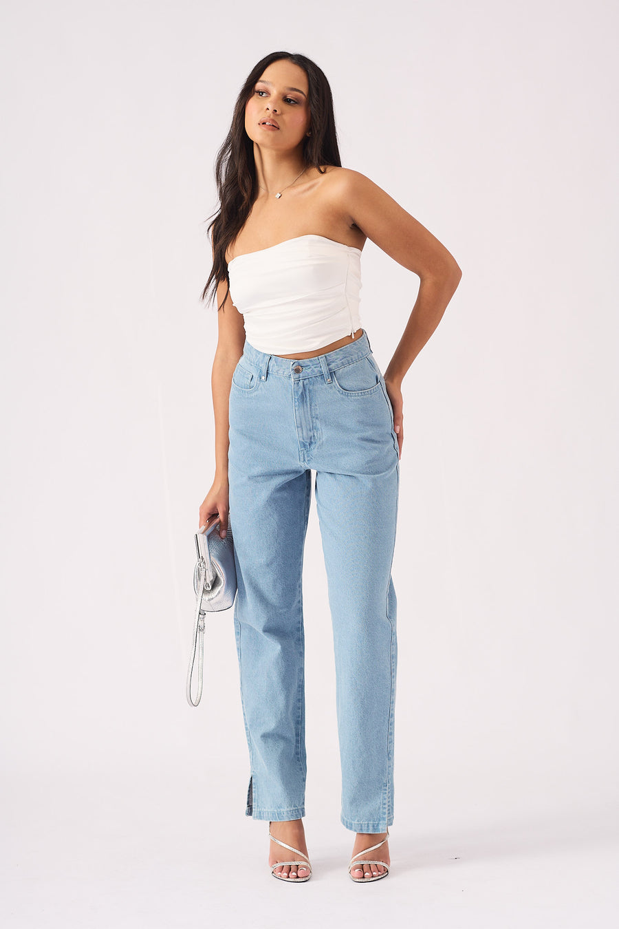 SCULPT SPLIT HEM JEANS - LIGHT BLUE WASH -  Women's Straight Leg Jeans