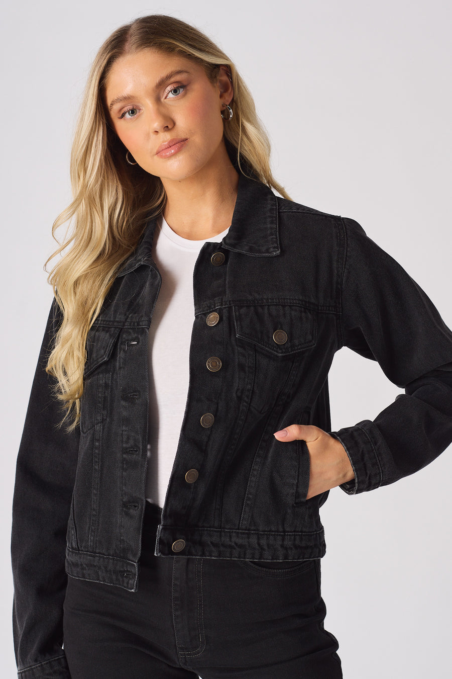SHERPA COLLAR DENIM JACKET - BLACK -  Women's Denim Jackets Sherpa