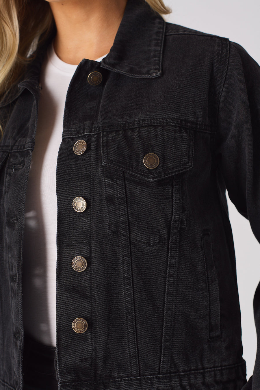 SHERPA COLLAR DENIM JACKET - BLACK -  Women's Denim Jackets Sherpa