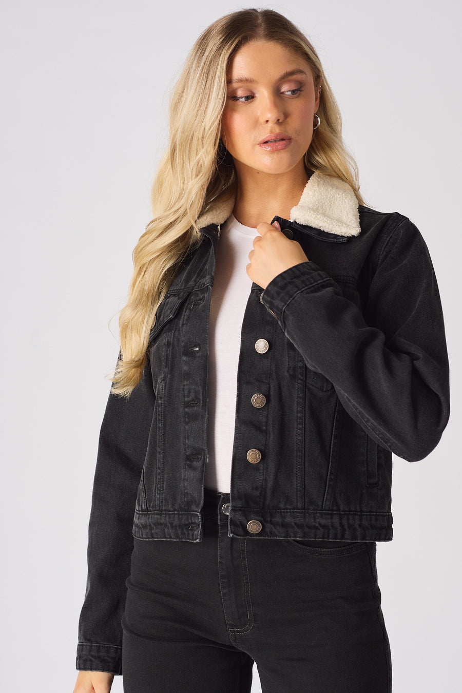 SHERPA COLLAR DENIM JACKET - BLACK -  Women's Denim Jackets Sherpa