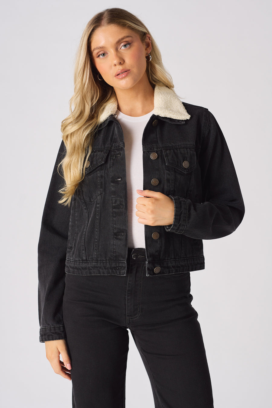 SHERPA COLLAR DENIM JACKET - BLACK -  Women's Denim Jackets Sherpa