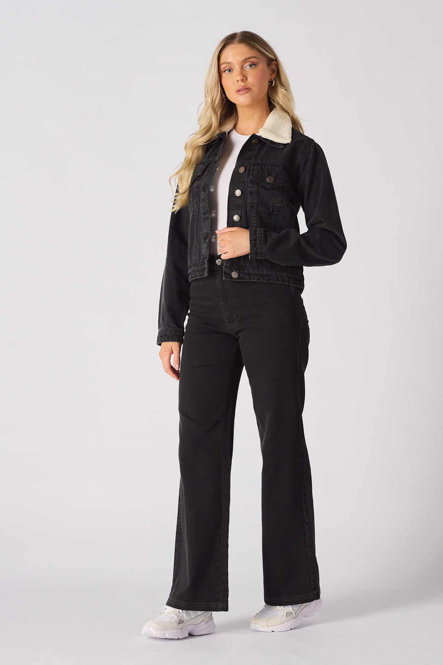 SHERPA COLLAR DENIM JACKET - BLACK -  Women's Denim Jackets Sherpa