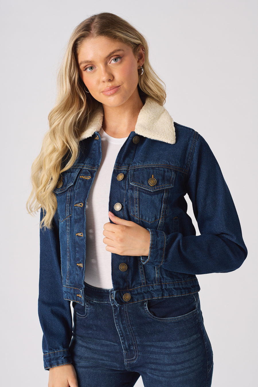SHERPA COLLAR DENIM JACKET - MID BLUE -  Women's Denim Jackets Sherpa
