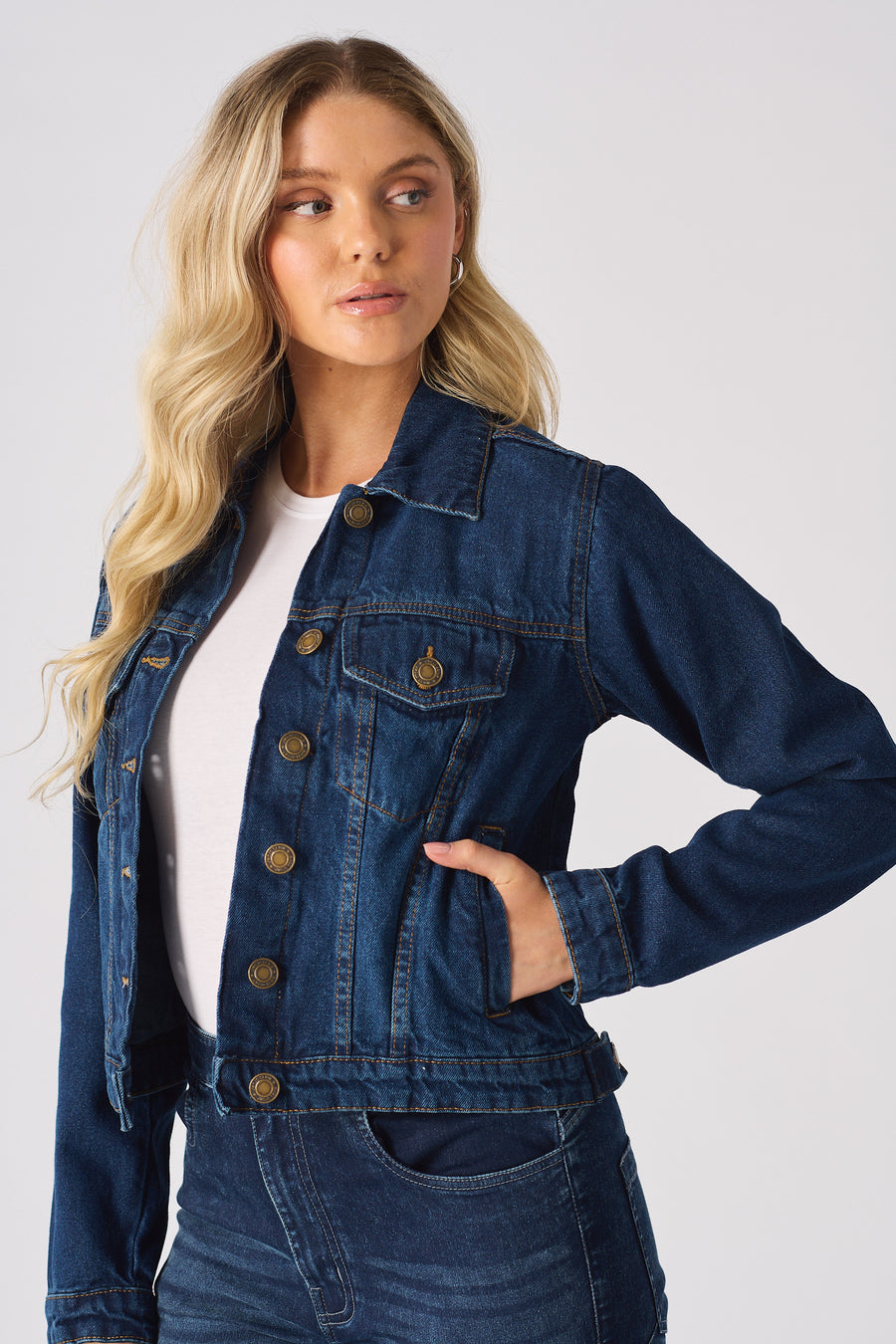 SHERPA COLLAR DENIM JACKET - MID BLUE -  Women's Denim Jackets Sherpa
