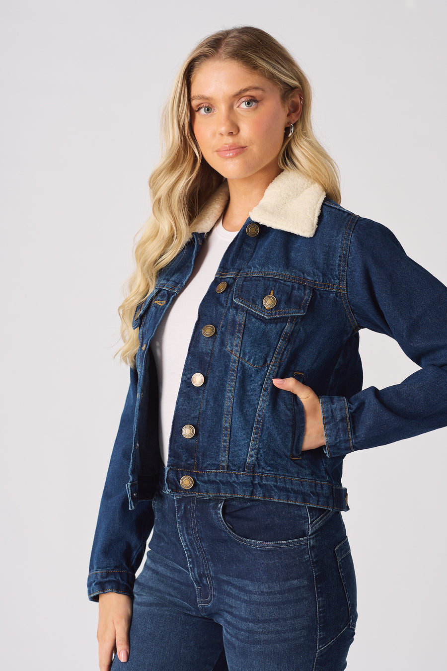 SHERPA COLLAR DENIM JACKET - MID BLUE -  Women's Denim Jackets Sherpa