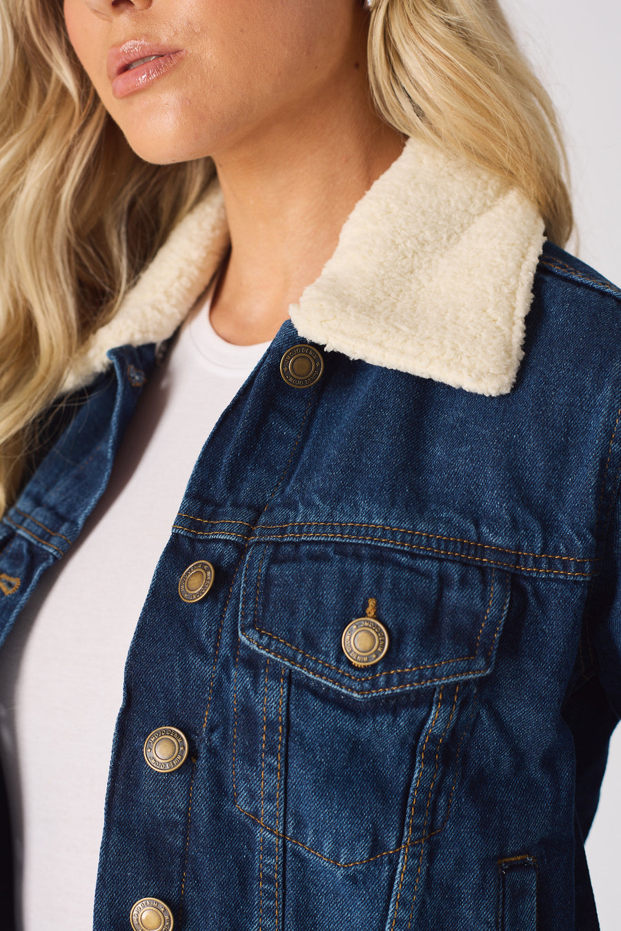 SHERPA COLLAR DENIM JACKET - MID BLUE -  Women's Denim Jackets Sherpa