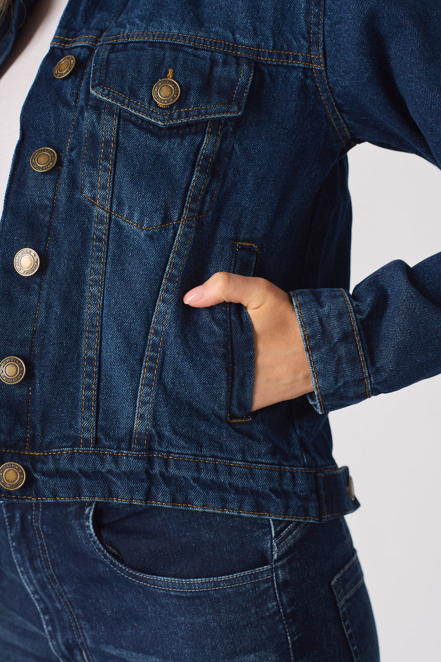 SHERPA COLLAR DENIM JACKET - MID BLUE -  Women's Denim Jackets Sherpa