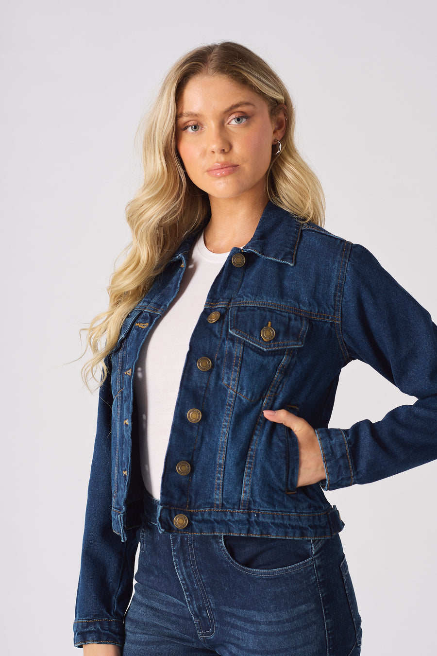 SHERPA COLLAR DENIM JACKET - MID BLUE -  Women's Denim Jackets Sherpa
