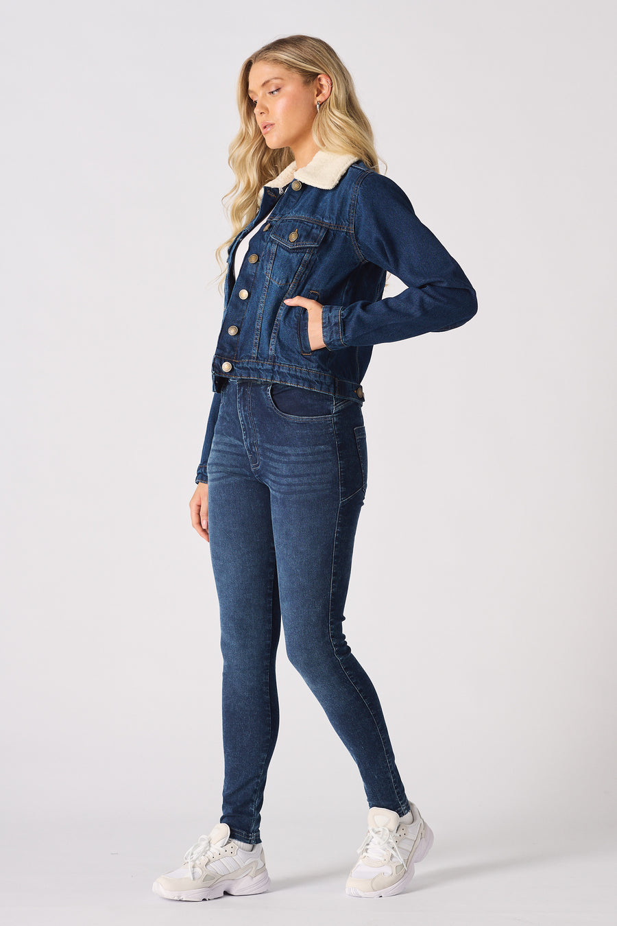 SHERPA COLLAR DENIM JACKET - MID BLUE -  Women's Denim Jackets Sherpa