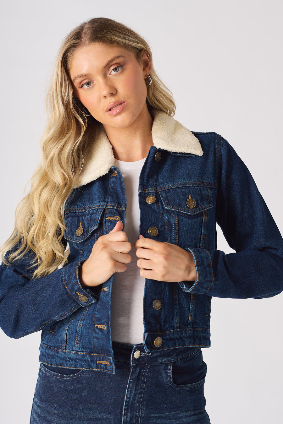 SHERPA COLLAR DENIM JACKET - MID BLUE -  Women's Denim Jackets Sherpa