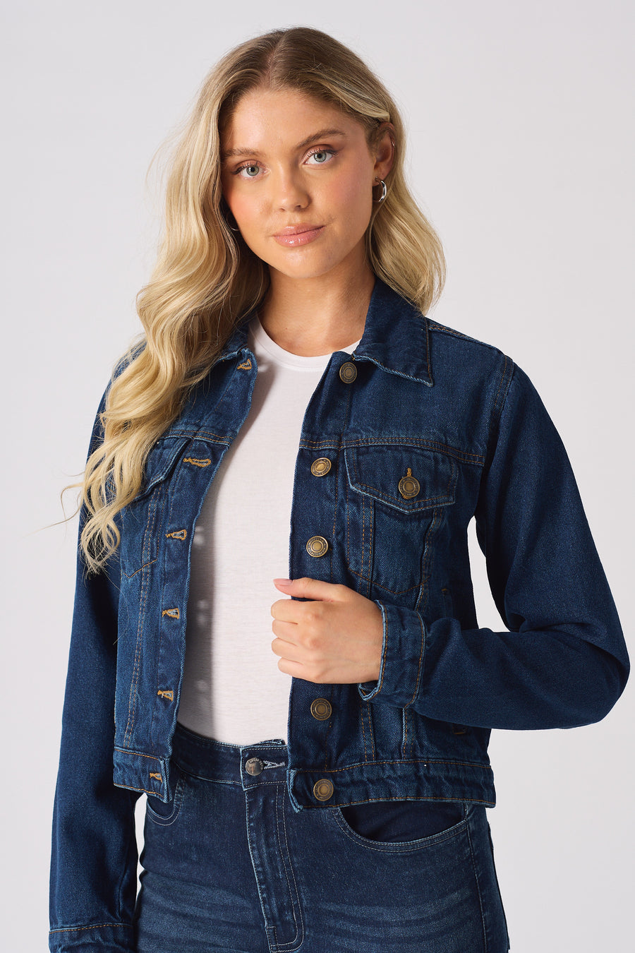 SHERPA COLLAR DENIM JACKET - MID BLUE -  Women's Denim Jackets Sherpa