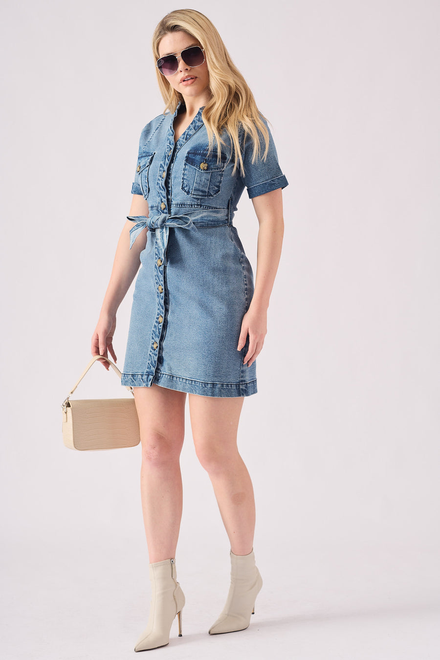 SHORT SLEEVE WRAP DRESS - STONE BLUE -  Women's Denim Dresses