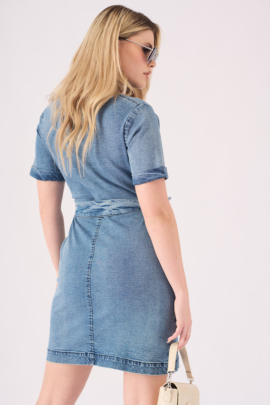 SHORT SLEEVE WRAP DRESS - STONE BLUE -  Women's Denim Dresses