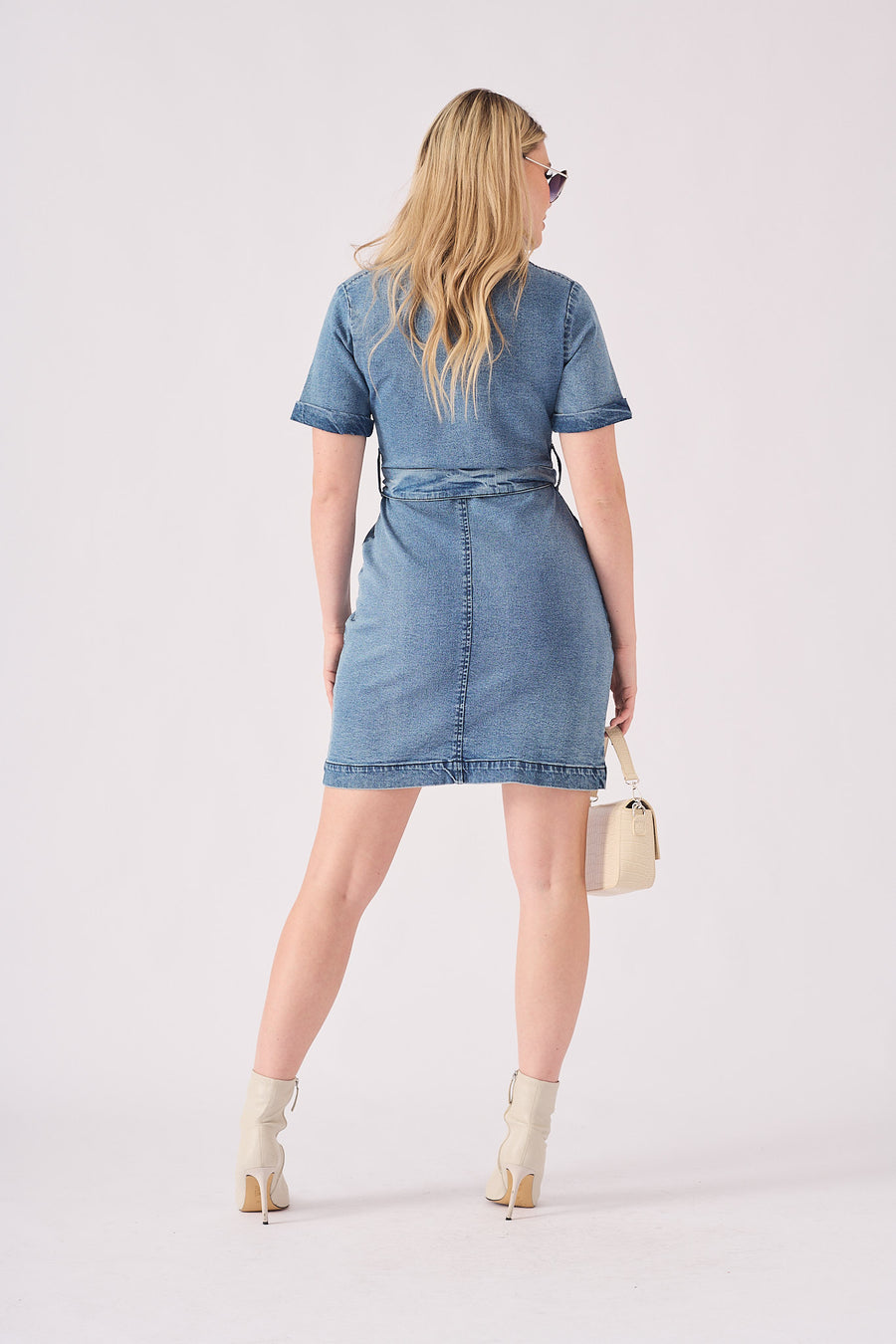 SHORT SLEEVE WRAP DRESS - STONE BLUE -  Women's Denim Dresses
