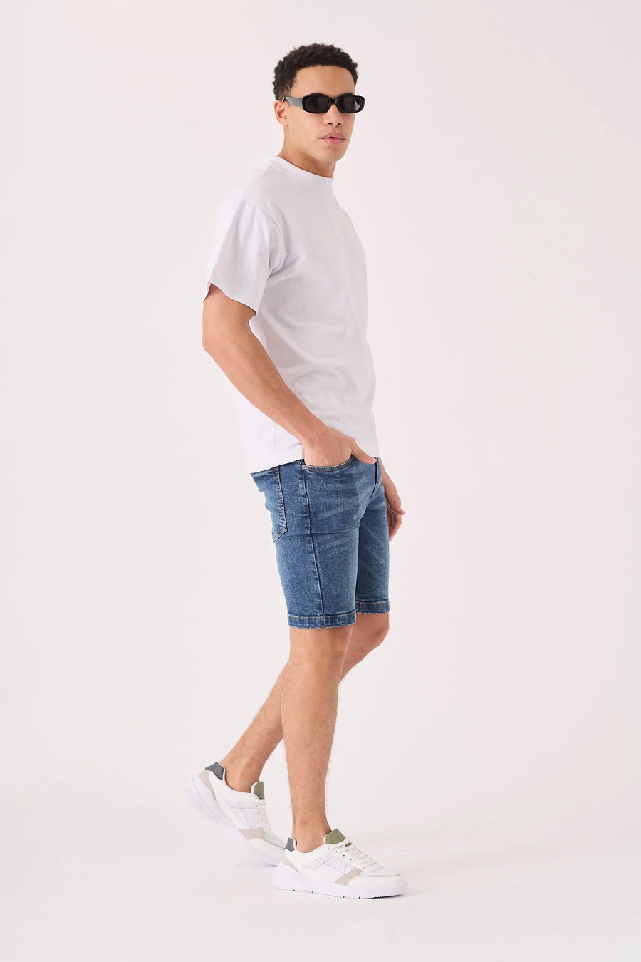 SKINNY DENIM SHORTS - MID BLUE -  Men's Denim Shorts