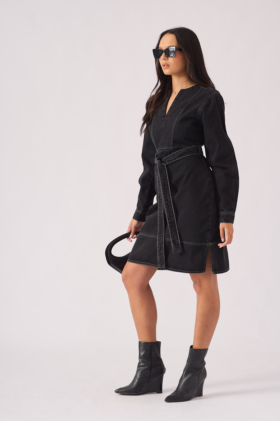 V-NECK WRAP DRESS - BLACK -  Women's Denim Dresses
