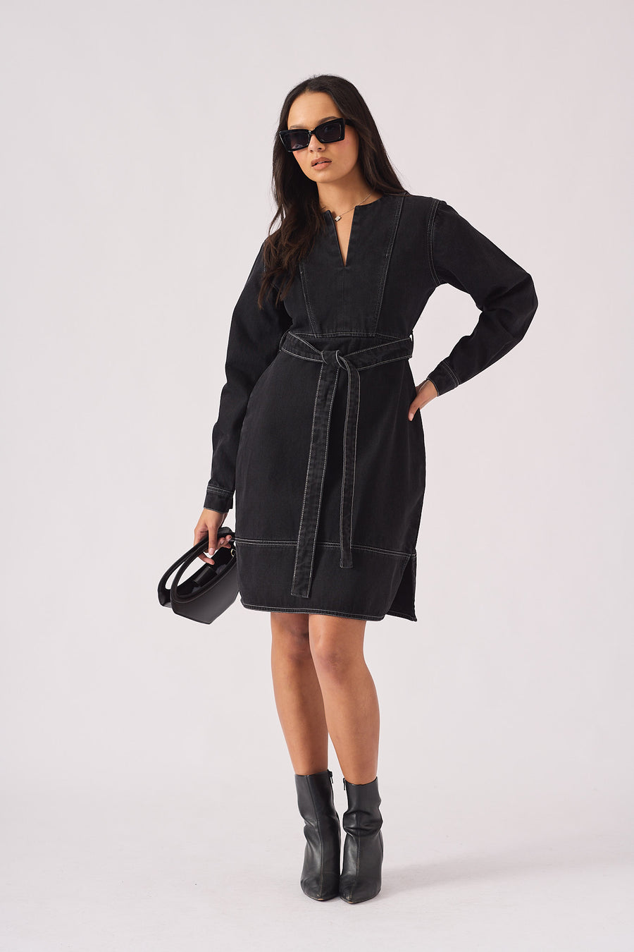 V-NECK WRAP DRESS - BLACK -  Women's Denim Dresses