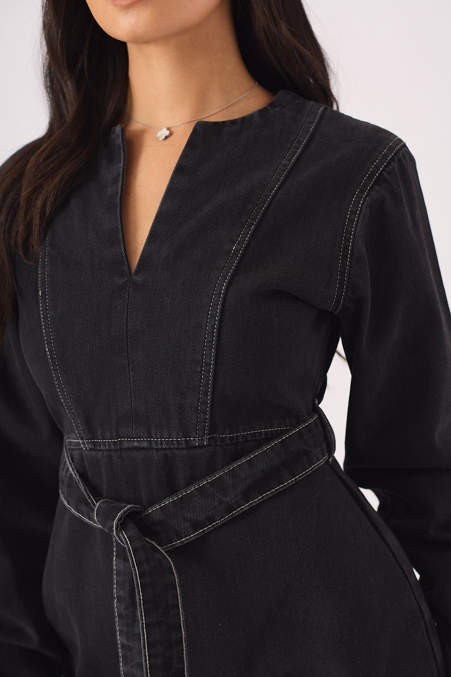 V-NECK WRAP DRESS - BLACK -  Women's Denim Dresses