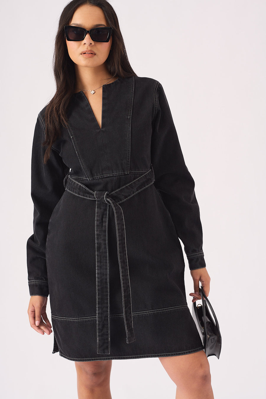 V-NECK WRAP DRESS - BLACK -  Women's Denim Dresses