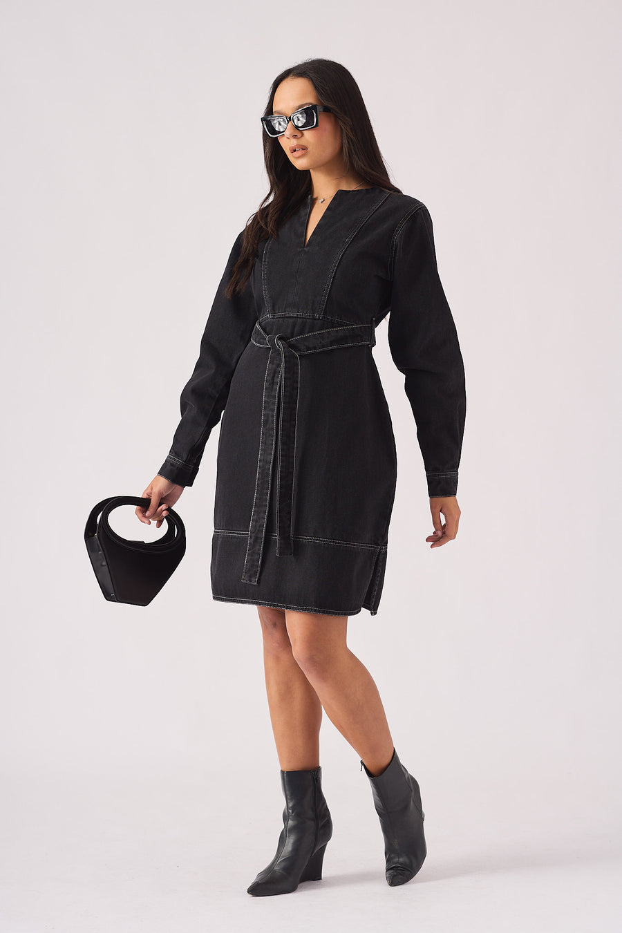 V-NECK WRAP DRESS - BLACK -  Women's Denim Dresses