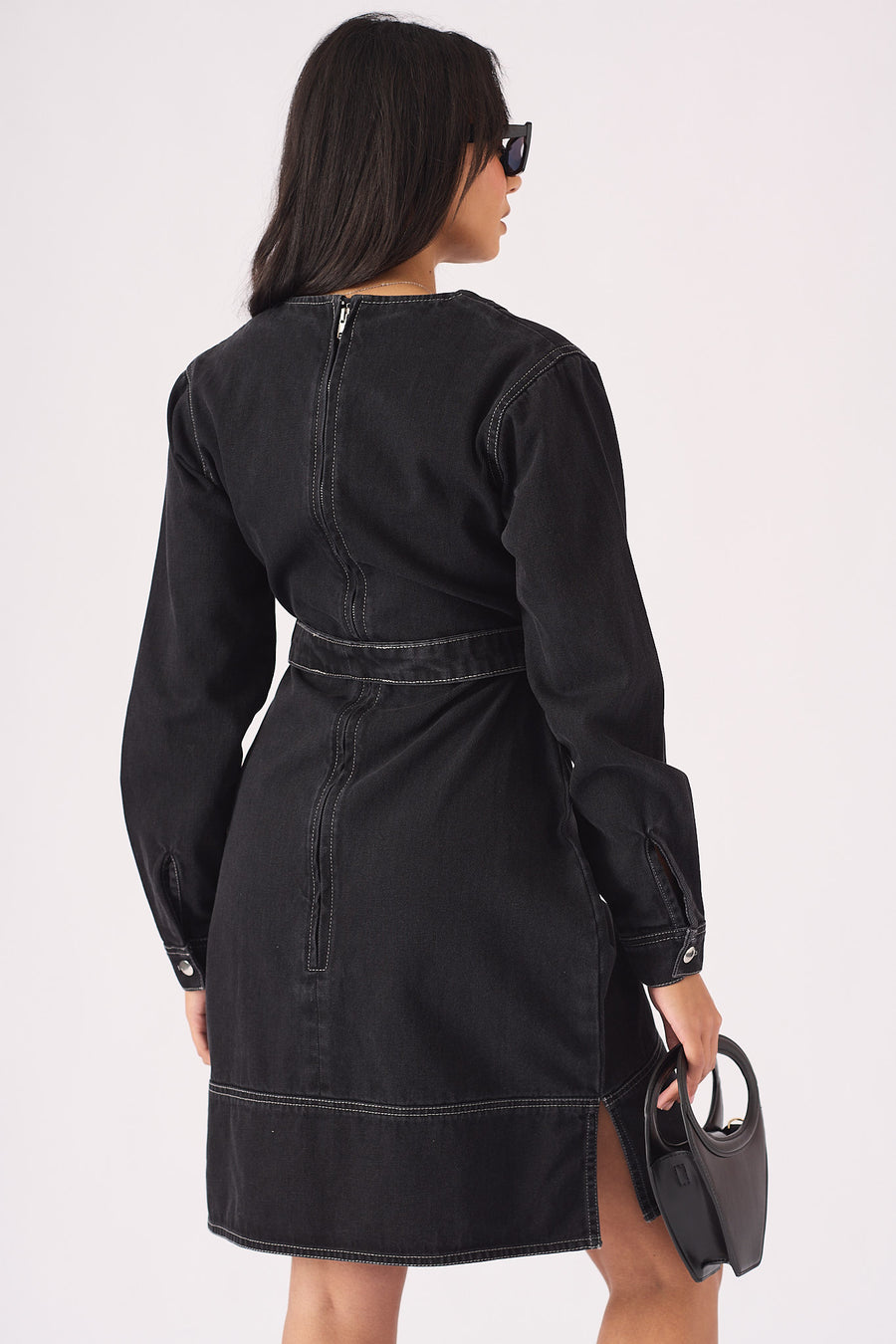 V-NECK WRAP DRESS - BLACK -  Women's Denim Dresses