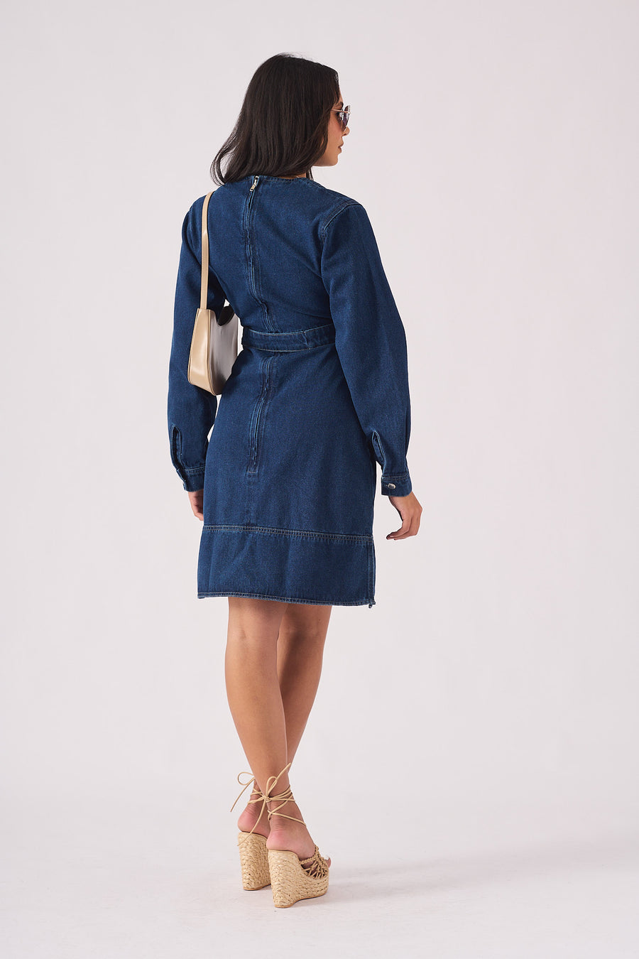 V-NECK WRAP DRESS - DARK BLUE -  Women's Denim Dresses