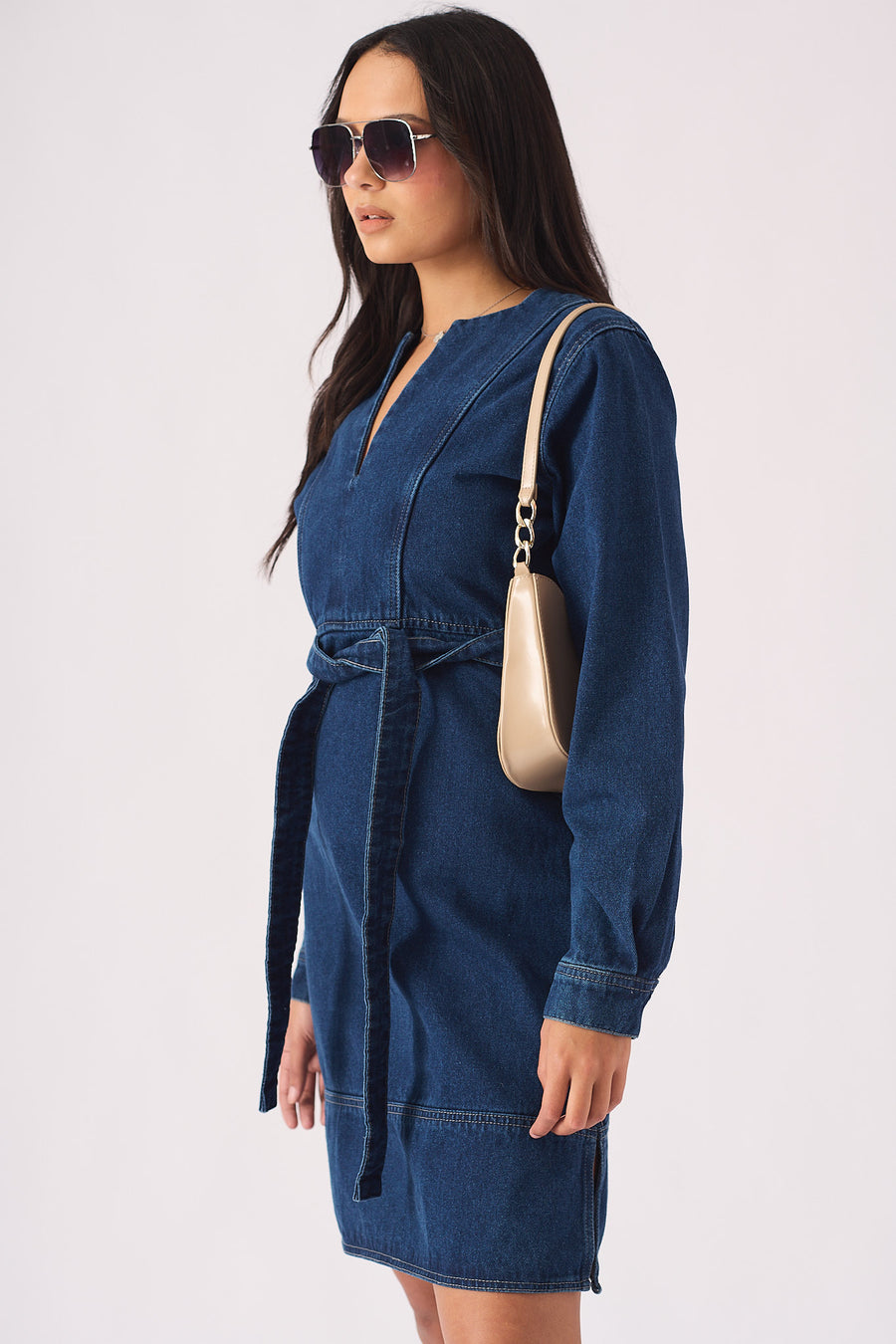 V-NECK WRAP DRESS - DARK BLUE -  Women's Denim Dresses