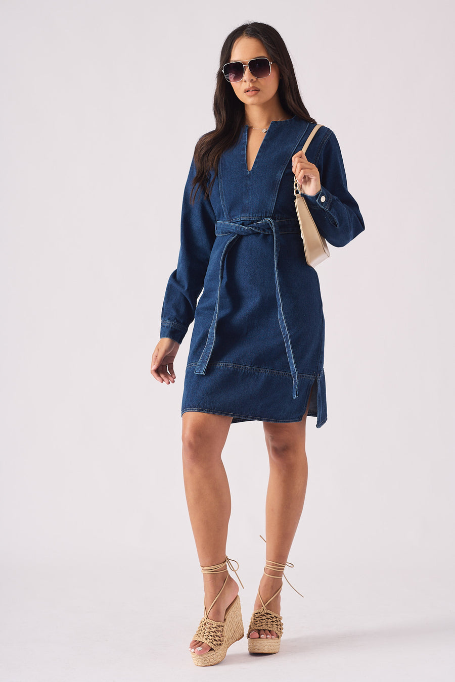 V-NECK WRAP DRESS - DARK BLUE -  Women's Denim Dresses