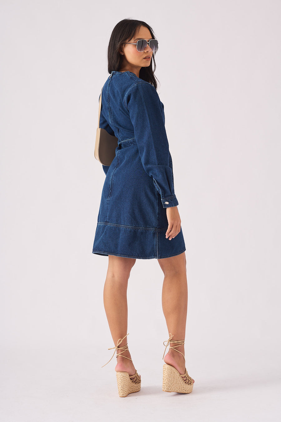 V-NECK WRAP DRESS - DARK BLUE -  Women's Denim Dresses