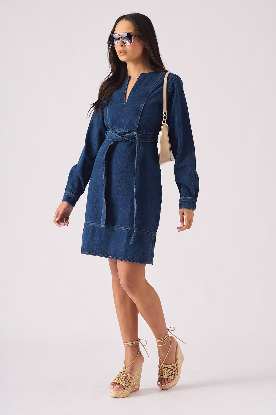 V-NECK WRAP DRESS - DARK BLUE -  Women's Denim Dresses