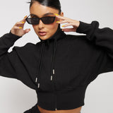 Seren Zip Neck Sweatshirt Floral Embroidery - Black