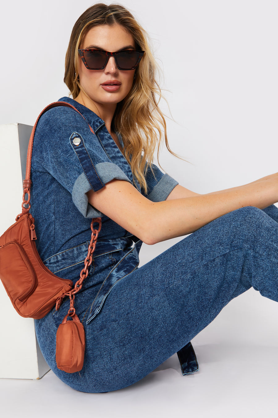 ZIP UP DENIM JUMPSUIT - BLUE ACID WASH -  Women's Denim Jumpsuits