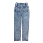 Back view of the acid wash straight leg jeans laid flat.