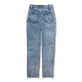 Back view of the acid wash straight leg jeans laid flat.