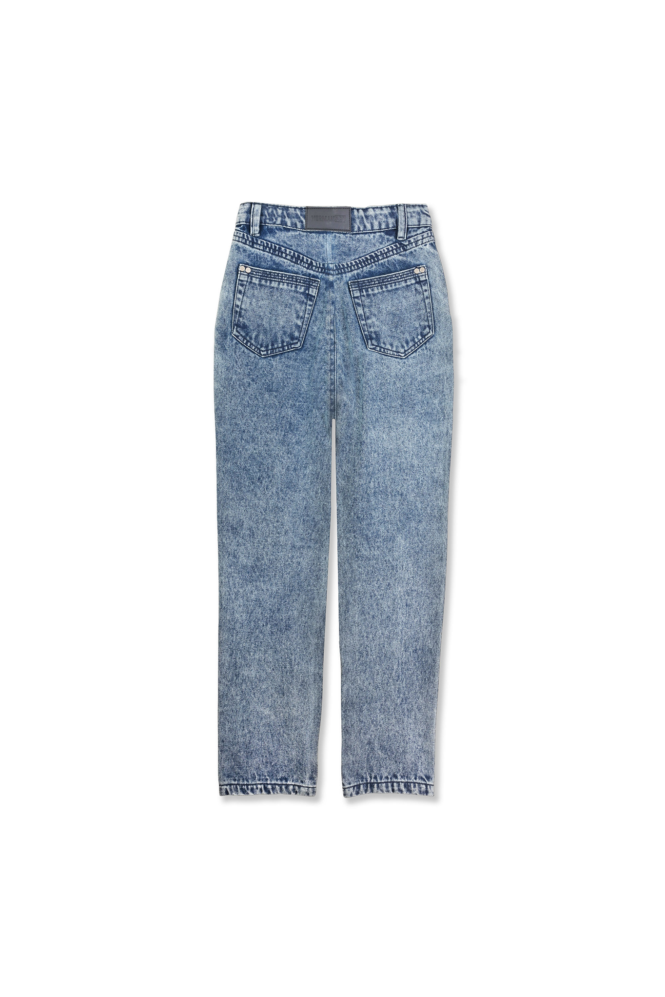 Back view of the acid wash straight leg jeans laid flat.