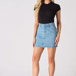 Arya High Waisted Mini Denim Skirt – Light Blue Wash - JMOJO - Women's Denim Skirts