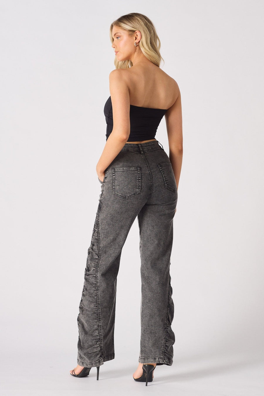 ASTRA Grey Ruched High Waisted Flare Jeans - Grey - JMOJO - Women's Flare Jeans