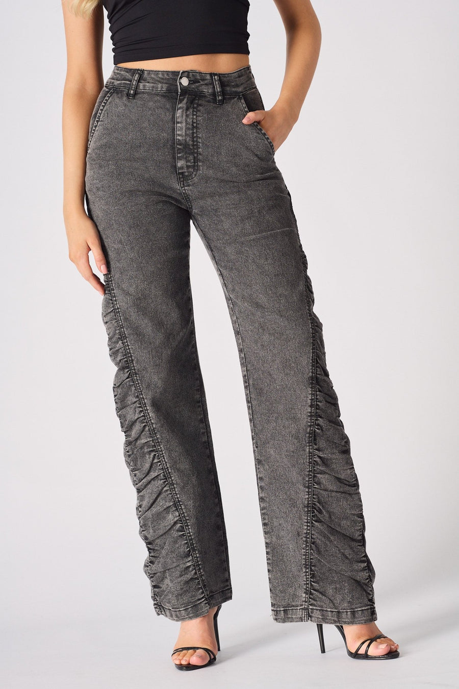 ASTRA Grey Ruched High Waisted Flare Jeans - Grey - JMOJO - Women's Flare Jeans