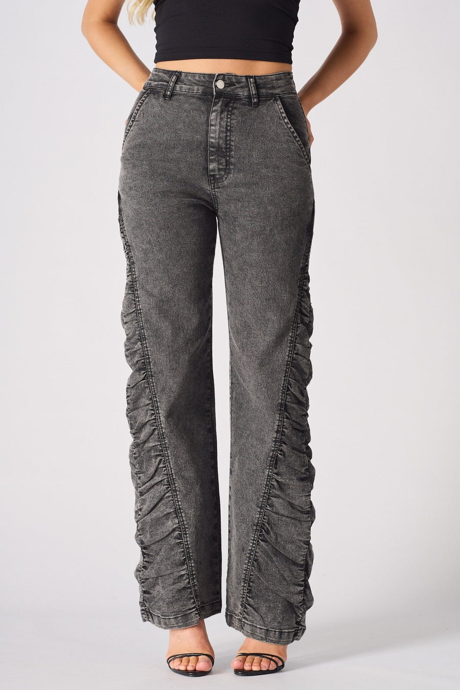 ASTRA Grey Ruched High Waisted Flare Jeans - Grey - JMOJO - Women's Flare Jeans