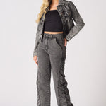 ASTRA Grey Ruched High Waisted Flare Jeans - Grey - JMOJO - Women's Flare Jeans