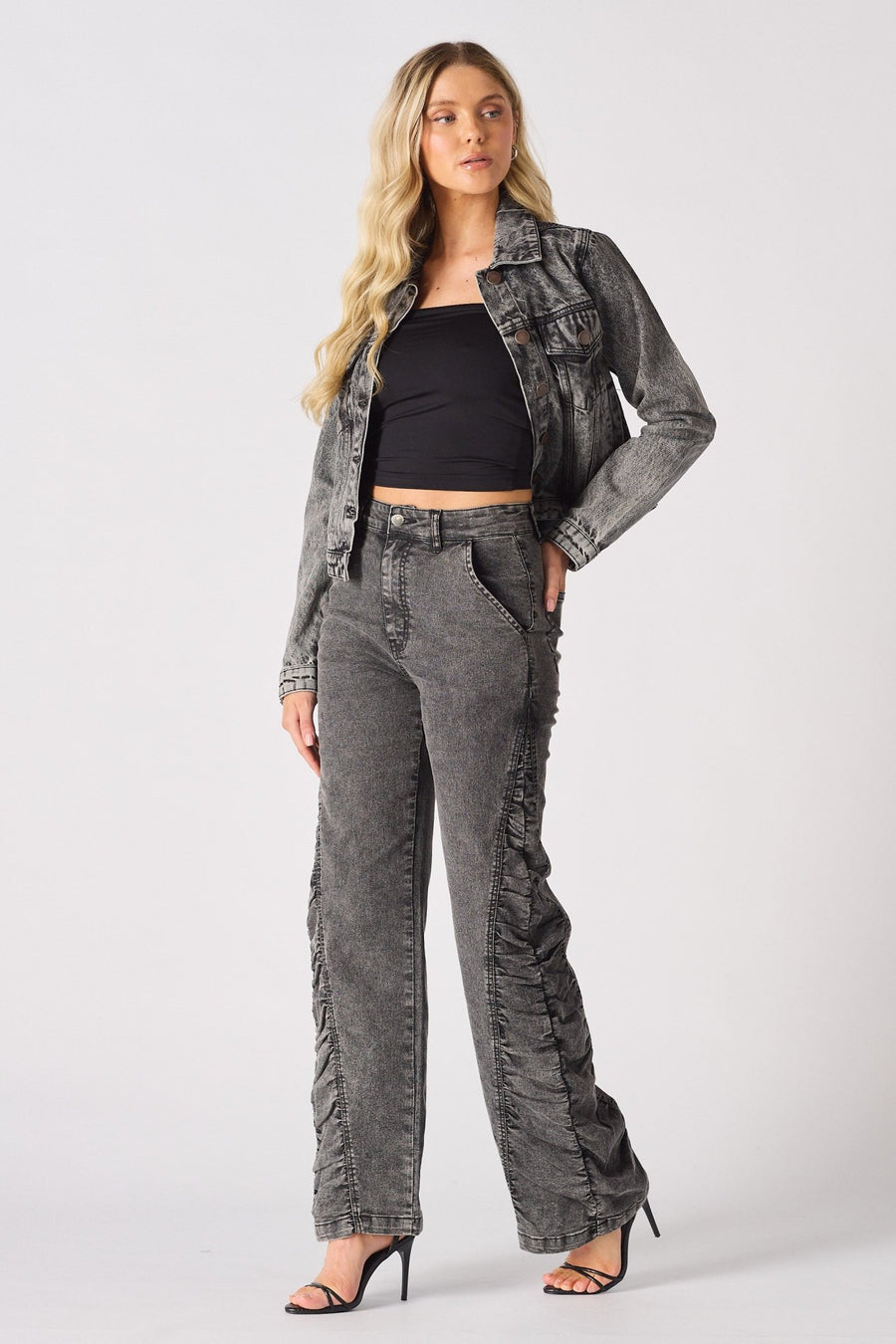 ASTRA Grey Ruched High Waisted Flare Jeans - Grey - JMOJO - Women's Flare Jeans