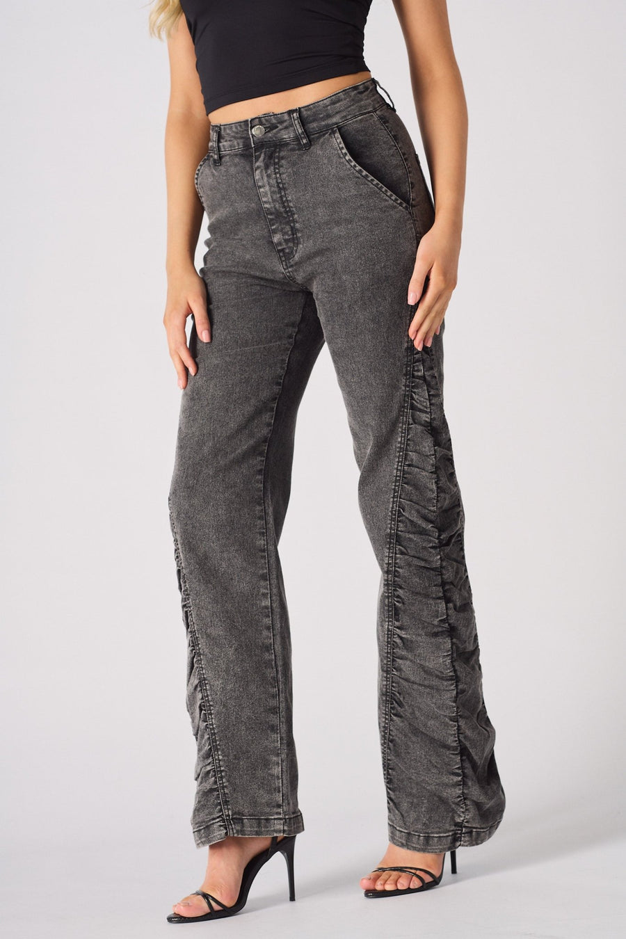 ASTRA Grey Ruched High Waisted Flare Jeans - Grey - JMOJO - Women's Flare Jeans