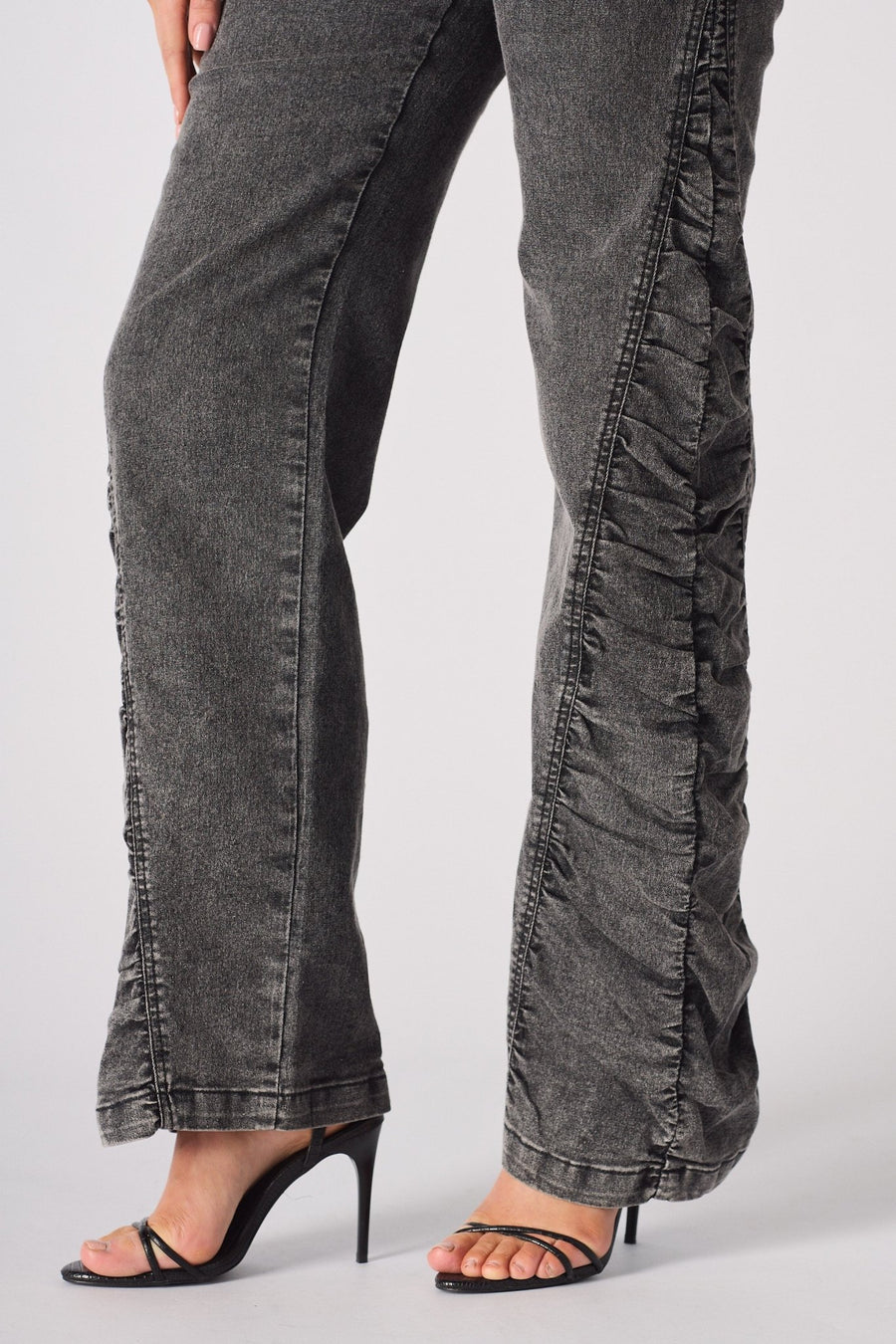 ASTRA Grey Ruched High Waisted Flare Jeans - Grey - JMOJO - Women's Flare Jeans
