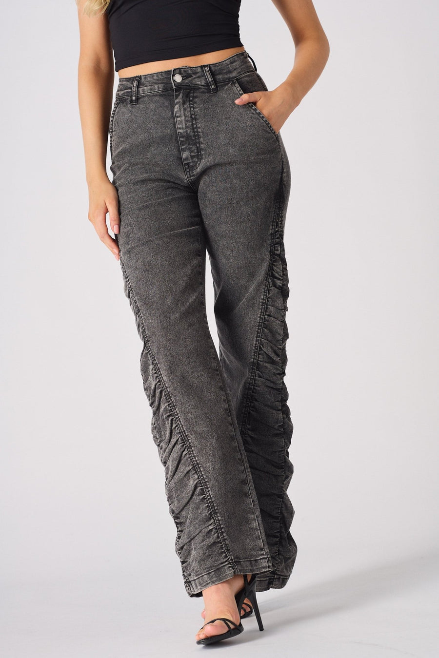 ASTRA Grey Ruched High Waisted Flare Jeans - Grey - JMOJO - Women's Flare Jeans
